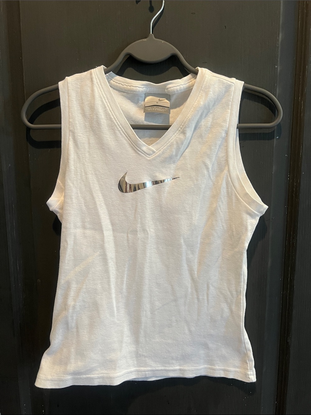 Nike White V-Neck Tank Top with Metallic Swoosh